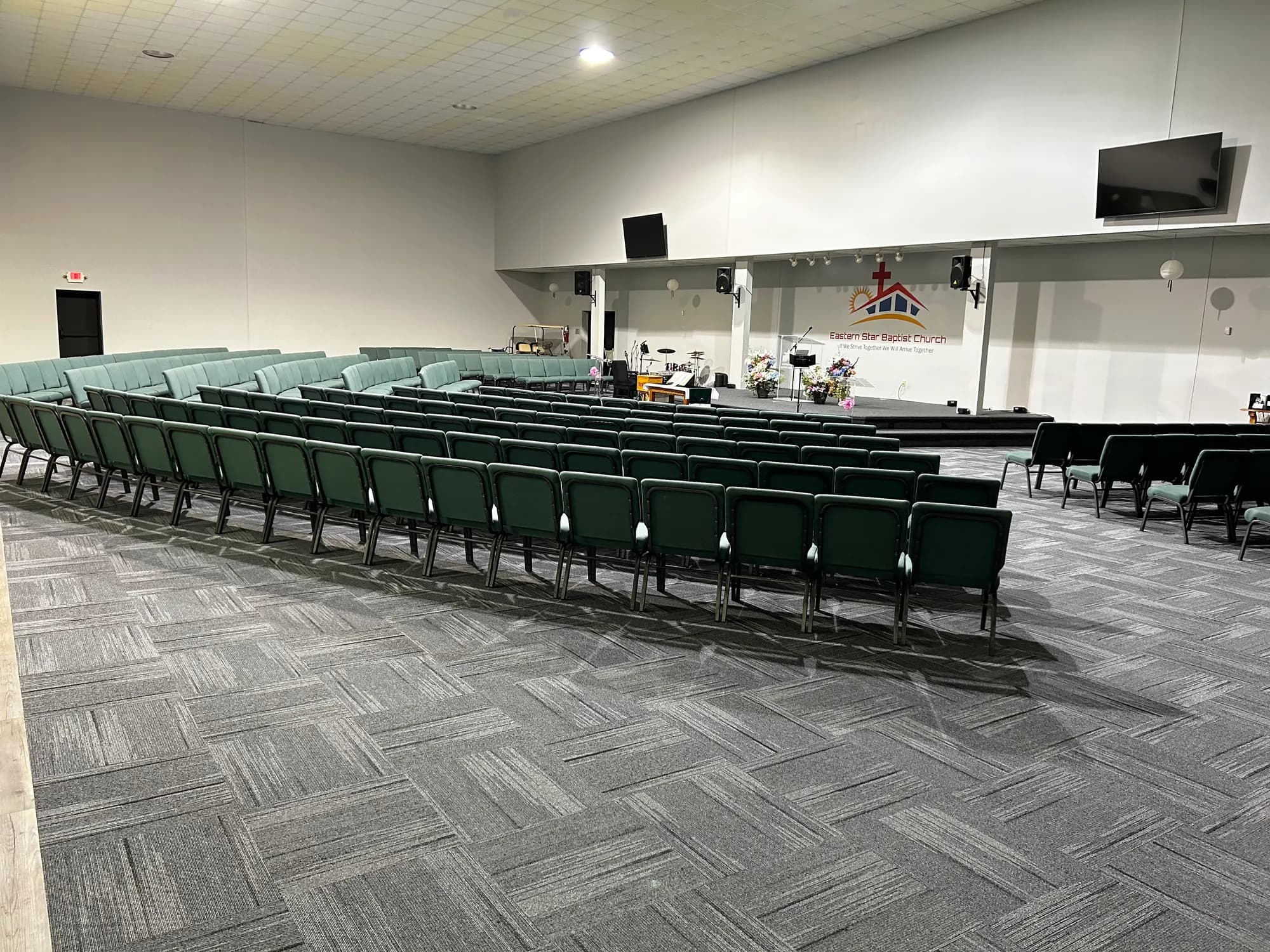 The Family Life Center hall set with rows of chairs