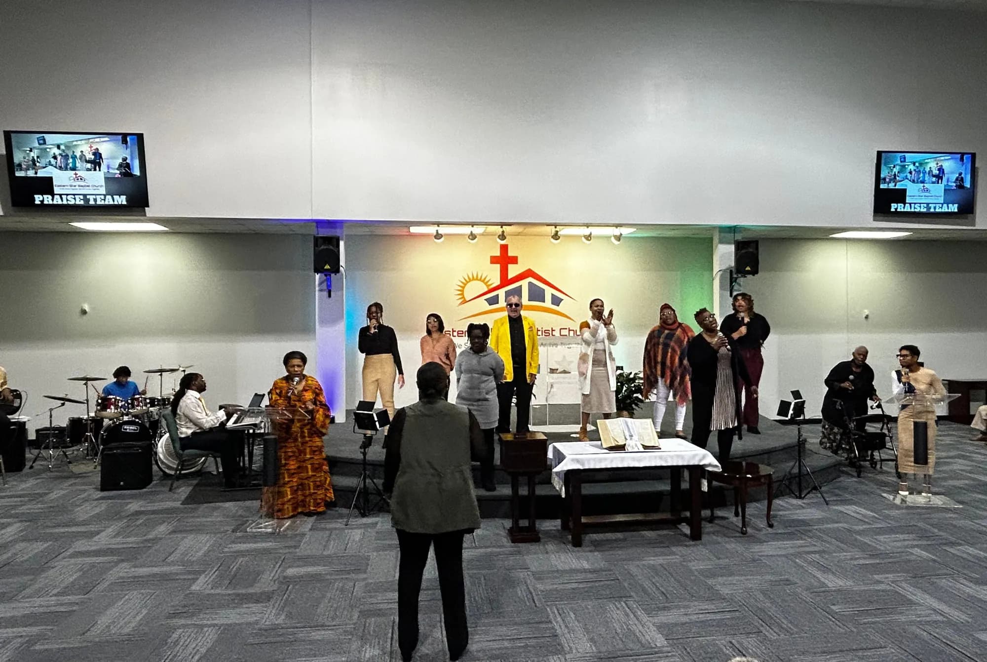 The church gathered at the front of the Family Life Center